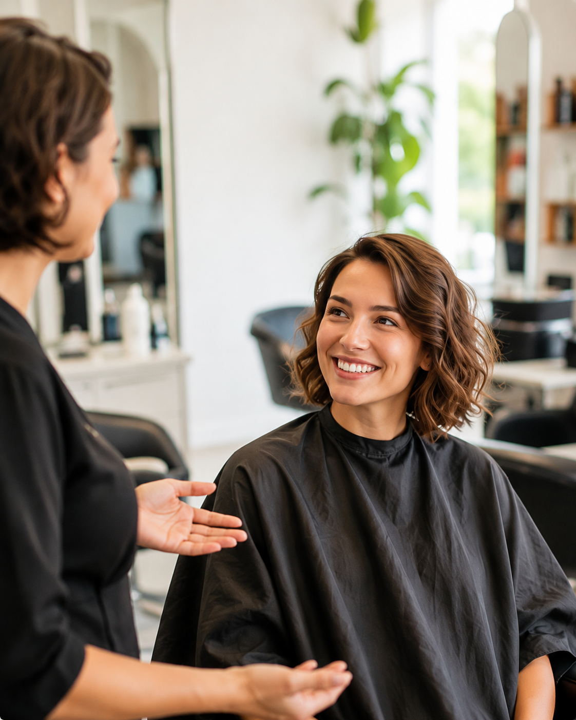Happy salon customer speaking with a stylist