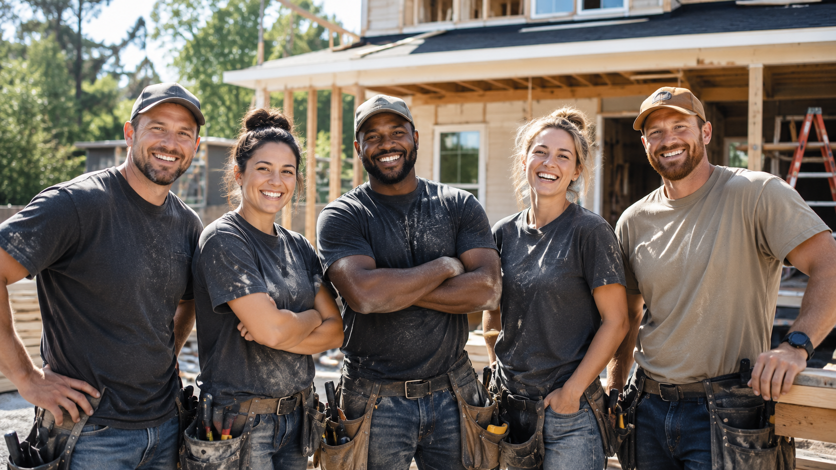 Friendly home contractor team at an active job site