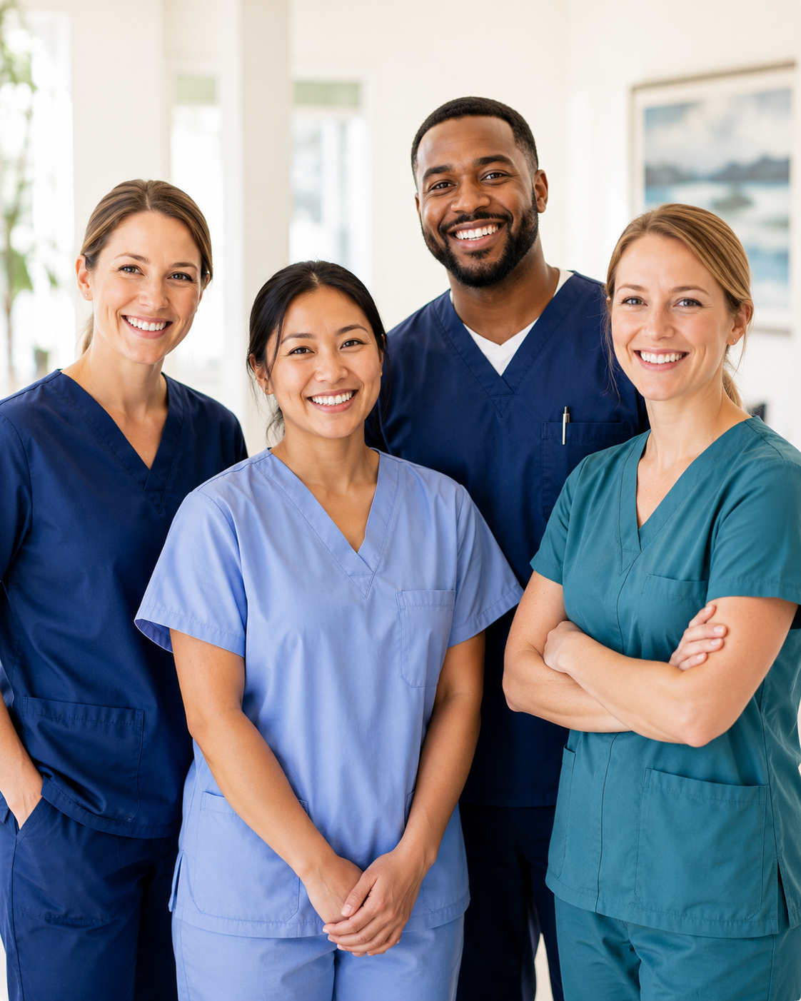 Friendly clinical care team in a bright workplace
