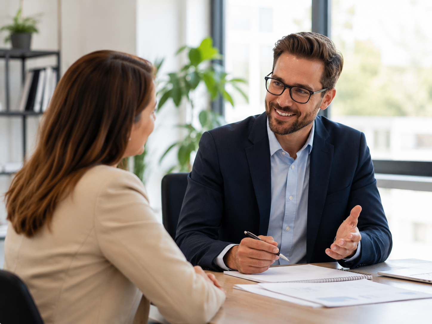 Professional advisor speaking with a client in an office