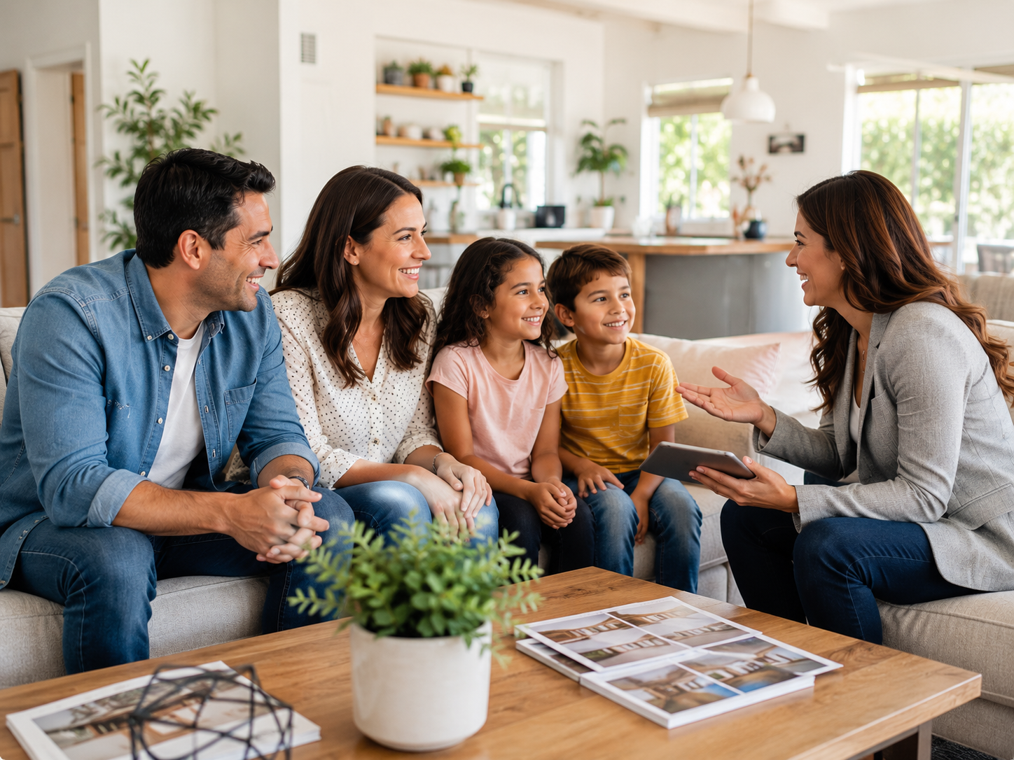 Real estate agent helping a family in a home living room
